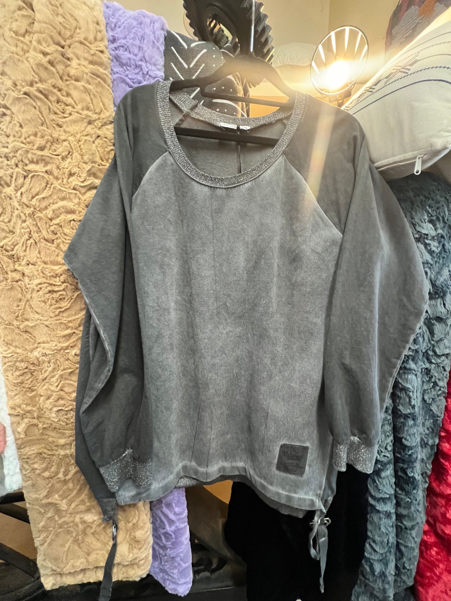 Emme Charcoal Sweatshirt with lurex Bands & Grosgrain