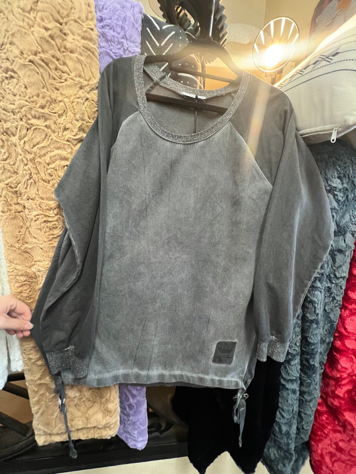 Emme Charcoal Sweatshirt with lurex Bands & Grosgrain