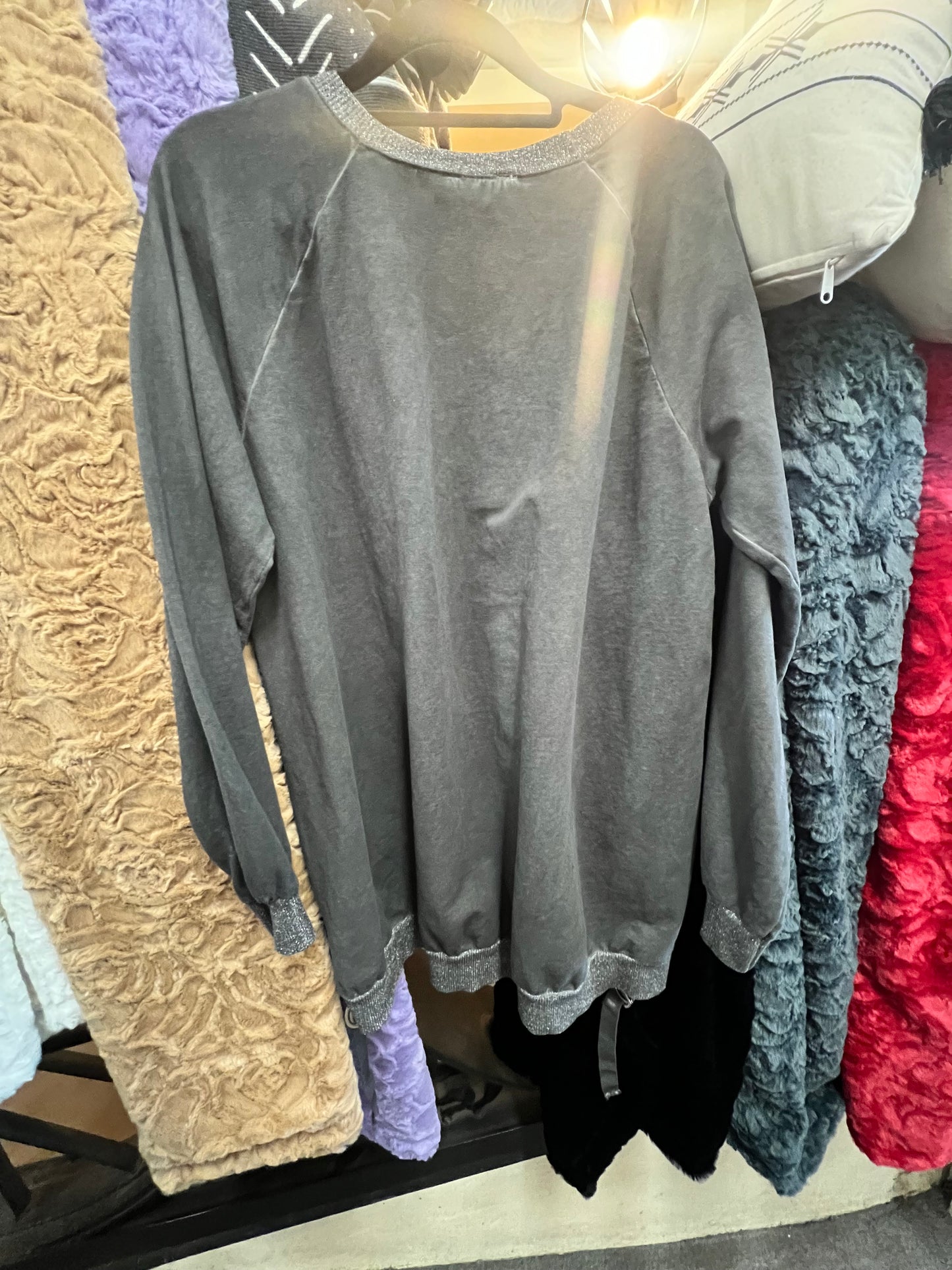 Emme Charcoal Sweatshirt with lurex Bands & Grosgrain