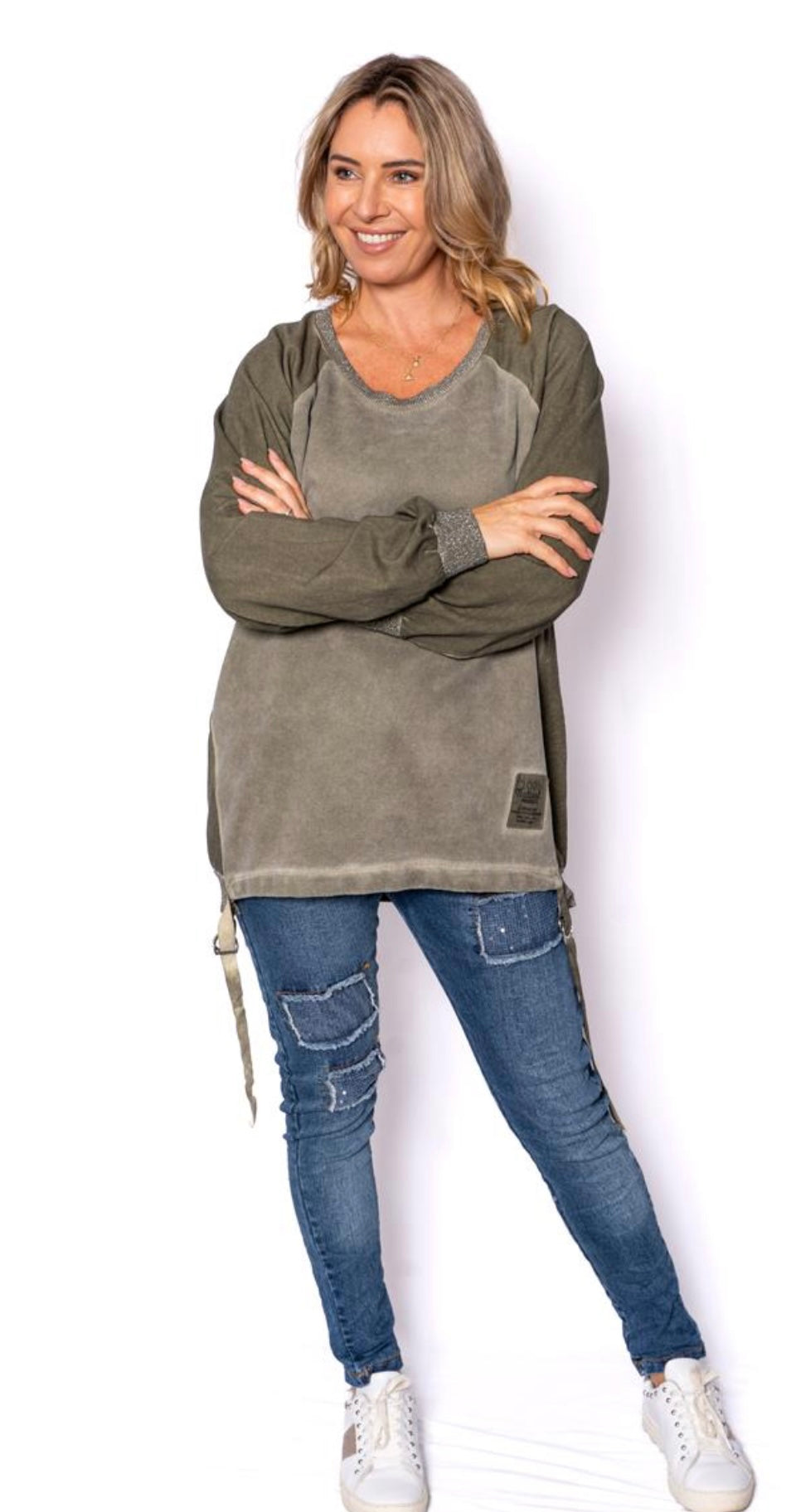 Emme Khaki Sweatshirt With Lurex Bands And Grosgrain