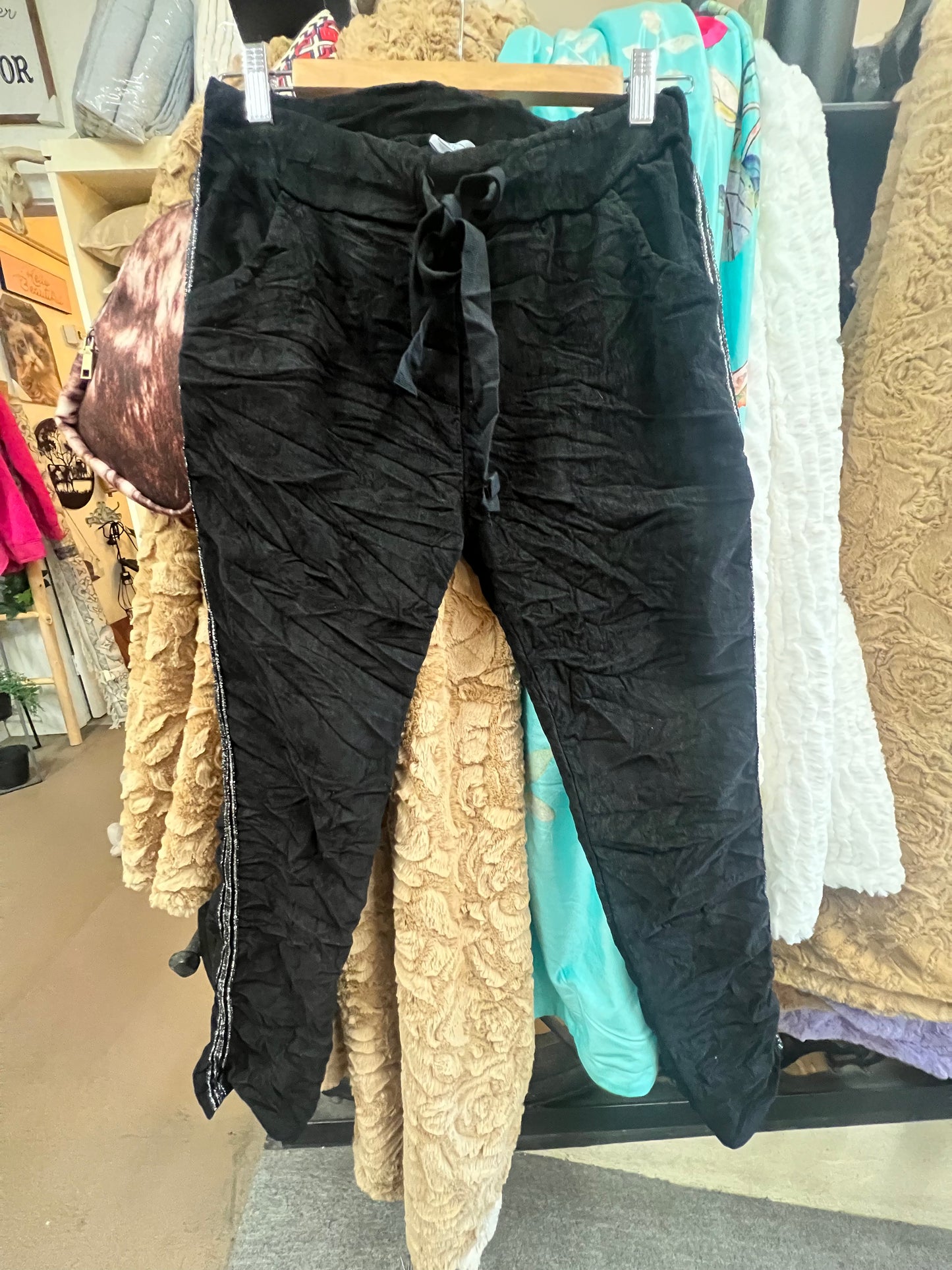 Silverfox Black velvet cord stretch pants with silver strip