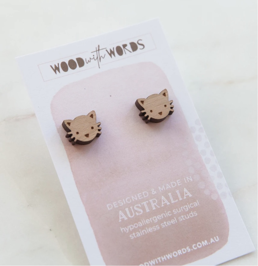 Cat Wood Earrings