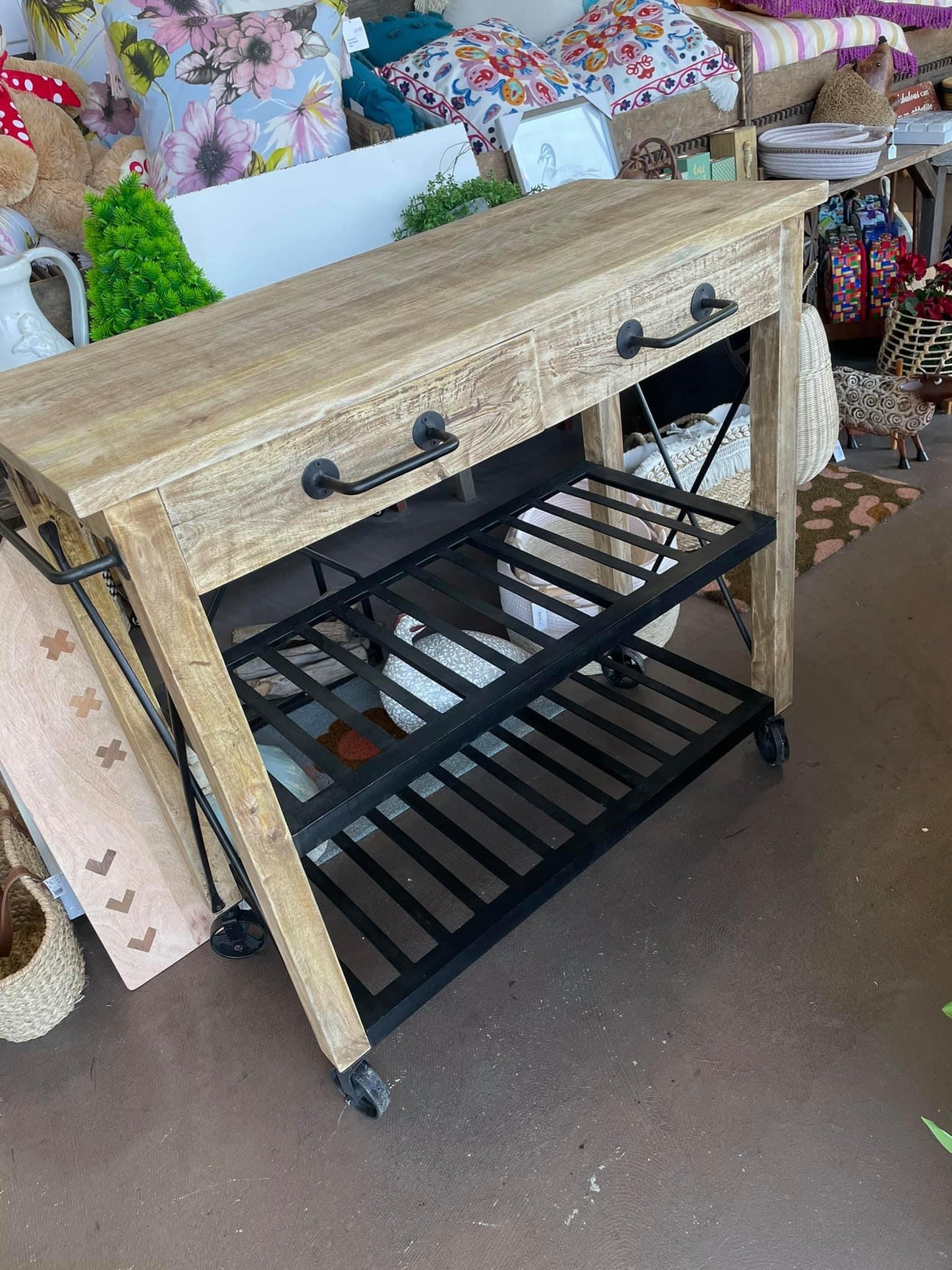 Timber and Metal bench on wheels